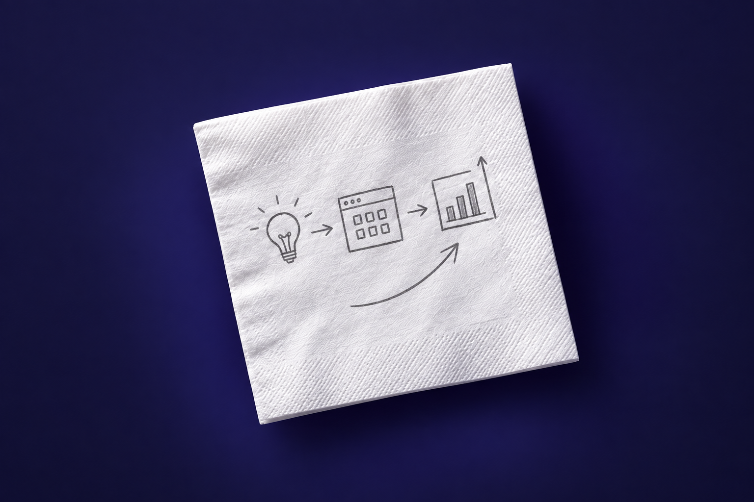 Une idée dessinée sur une napkin : de l’ampoule à l’application, puis à la croissance.